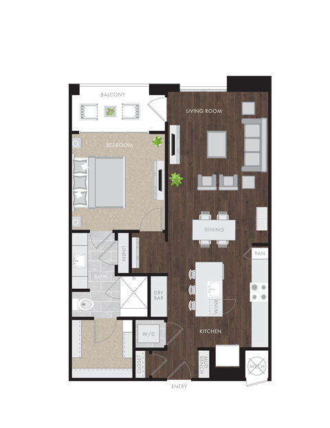 Floor plan for 1 bed, 1 bath, 911 sqft